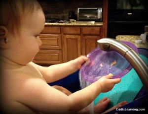 baby washing dishes