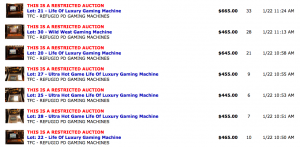 A screenshot of the completed auction listings for the gaming machines.