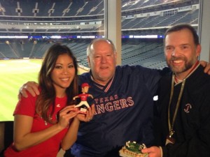 My brother Stew on opening day with voice of the Rangers, Chuck Morgan, and CBS11 reporter Elizabeth Dinh.